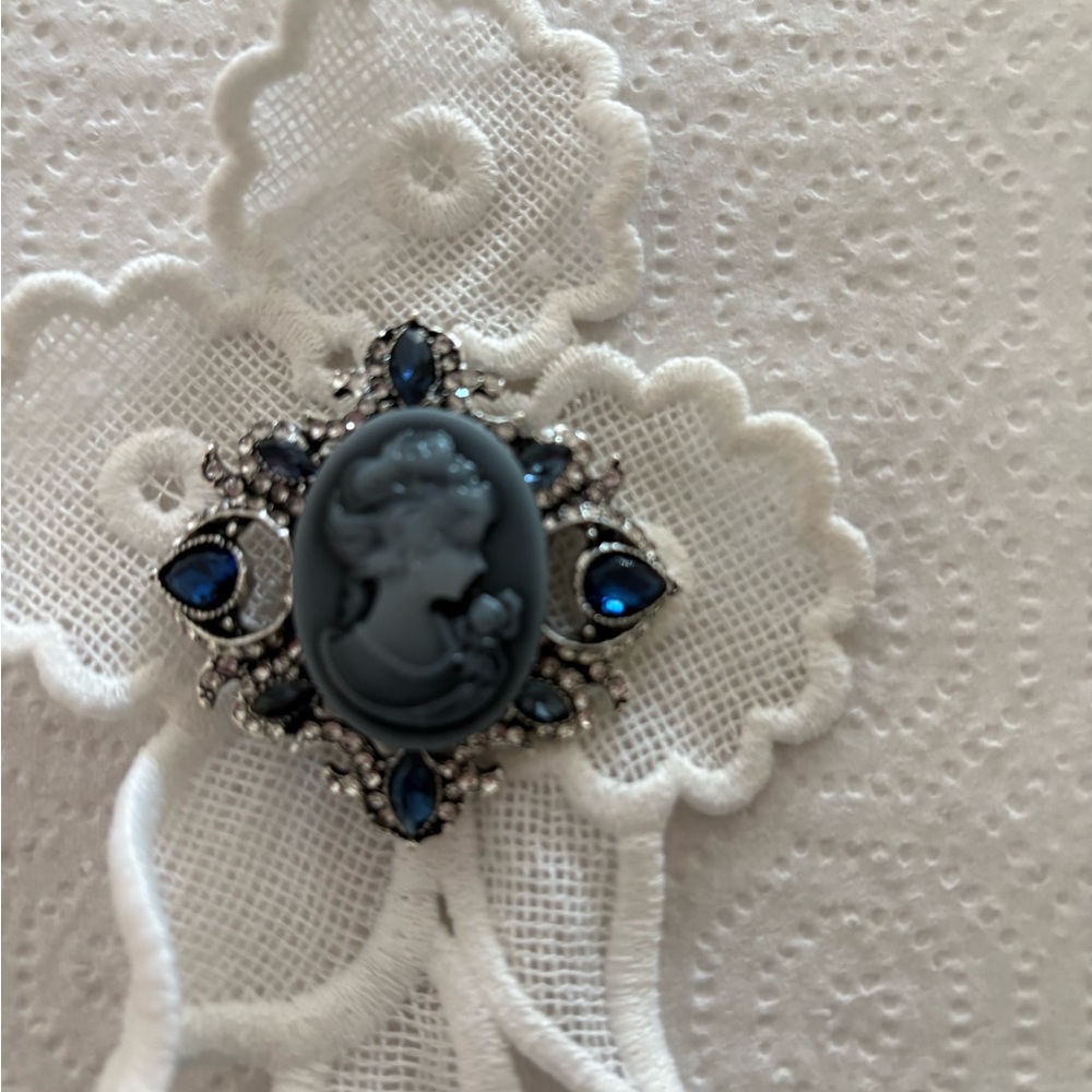 Blue Cameo Brooch with Silver-Tone Filigree and Deep Blue Accents NEW